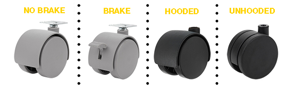 undhooded and hooded casters with and without brakes